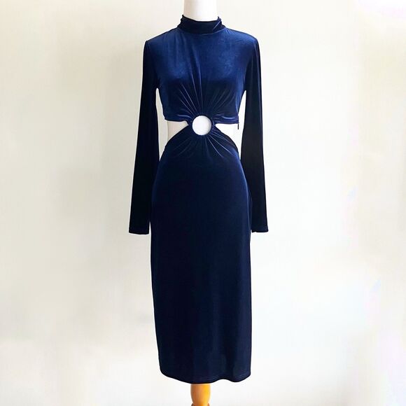 Ronny Kobo Collection Dresses & Skirts - Ronny Kobo Navy Velvet Midi Dress XS Long Sleeve Cutout Mock Neck Party Cocktail